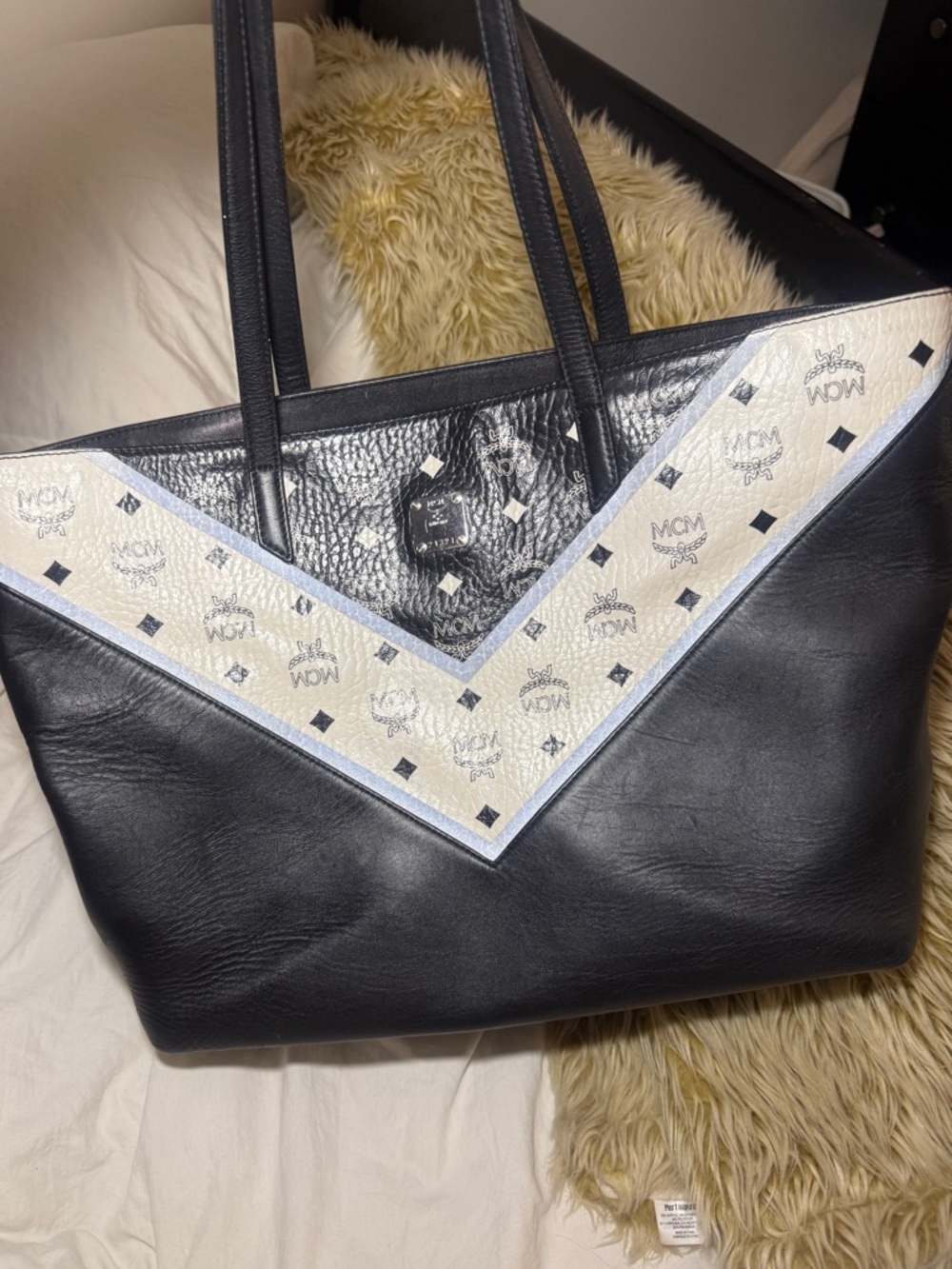 MCM Black Leather Tote with White Logo V-Panel and Silver Trim